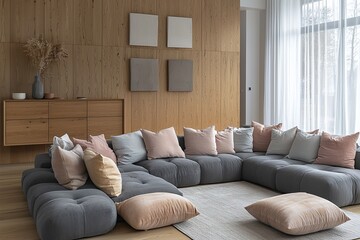 Fototapeta premium Minimalist, modern Scandinavian interiors in the living room with wood cabinets and sofas on wood-finished walls. Generative AI 