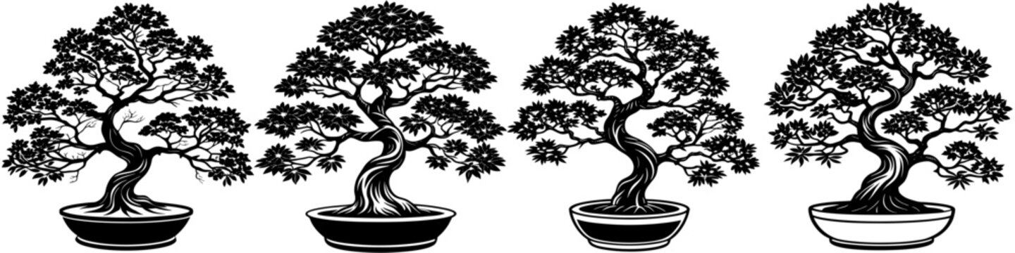 line art vector illustration collection of bonsai tree with wood cutting style. isolate on a white background. SVG and PNG
