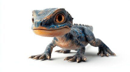 Obraz premium Colorful lizard with big eyes walks gracefully on a white background, its vibrant scales and curious gaze captivating