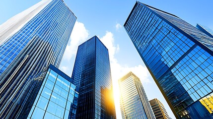 Obraz premium Low angle view of modern skyscrapers with blue glass facades against a bright blue sky with the sun shining through.