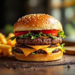 Delicious double cheeseburger with fresh lettuce, tomato, and melted cheese served with crispy fries on a rustic table