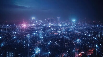 Fototapeta premium Smart city digital transformation development concept. Band lights over modern urban cityscape at night. New fast internet communication 5G technology.