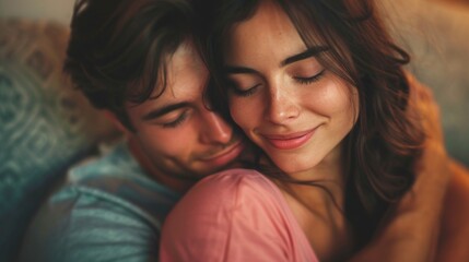 Relaxed couple cuddling smiling with eyes closed closeup image. Gentle embrace boyfriend girlfriend caucasian close up photography. Peaceful moment of affection concept photo realistic