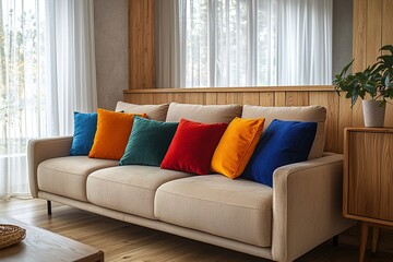 Fototapeta premium Minimalist, modern interior of the living room with windows and a Scandinavian interior with sofa and wood cabinet. Generative AI 