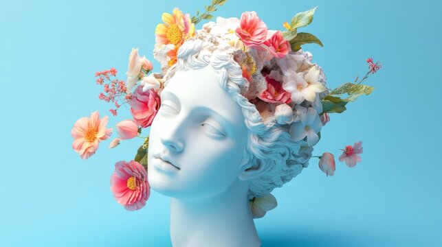 Minimalistic spring and summer composition showing a white plaster statue of venus head decorated with colorful flowers on a light blue background