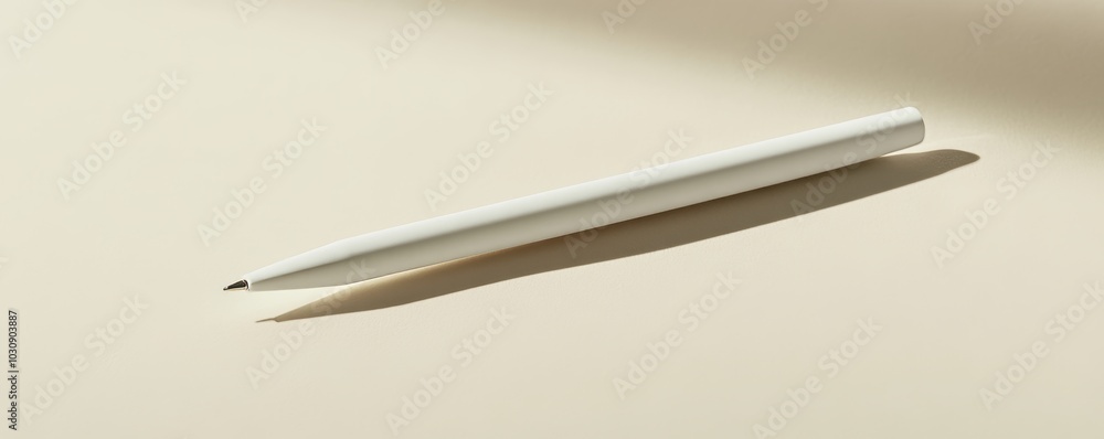 Poster single white pen is lying on a beige surface, casting a subtle shadow that adds depth and dimension 