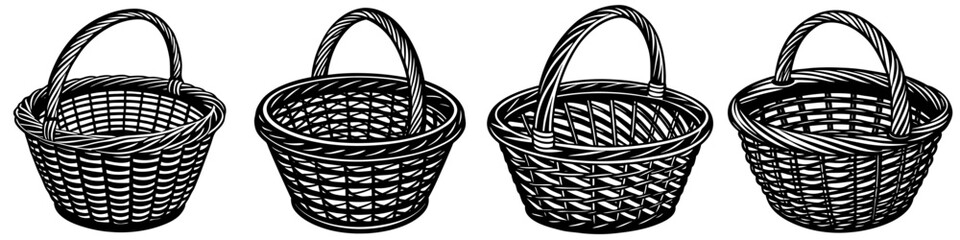 Fototapeta premium line art vector illustration collection of wicker basket with wood cutting style. isolate on a white background. SVG and PNG 