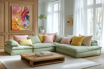 Minimalist, modern Scandinavian interiors in the living room with wooden board-finished walls and art frames hanging and sofas. Generative AI

