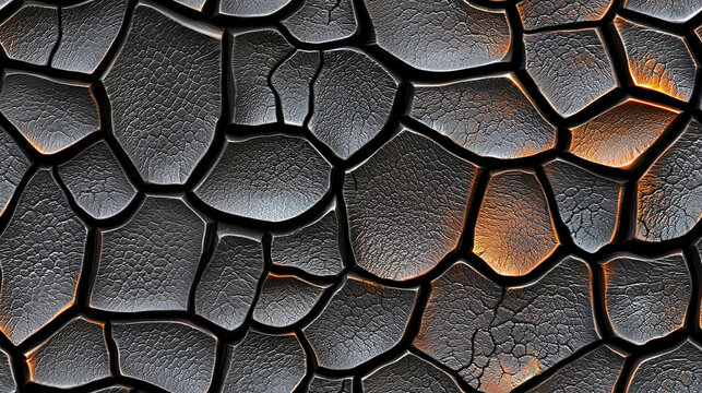 Cracked surface texture with intricate patterns and contrasting colors, showcasing blend of dark and light tones. This abstract design evokes sense of depth and complexity