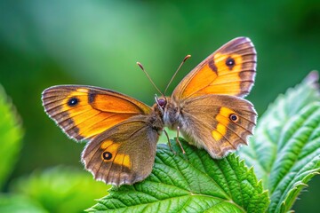Obraz premium Close-up shot of gatekeeper butterflies Pyronia tithonus mating on raspberry leaf