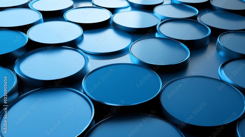 Poster metallic blue cylinders of different sizes are forming a pattern on a dark blue background. the cyli