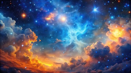 Close-up view of starry night sky with blue and orange nebula cloud