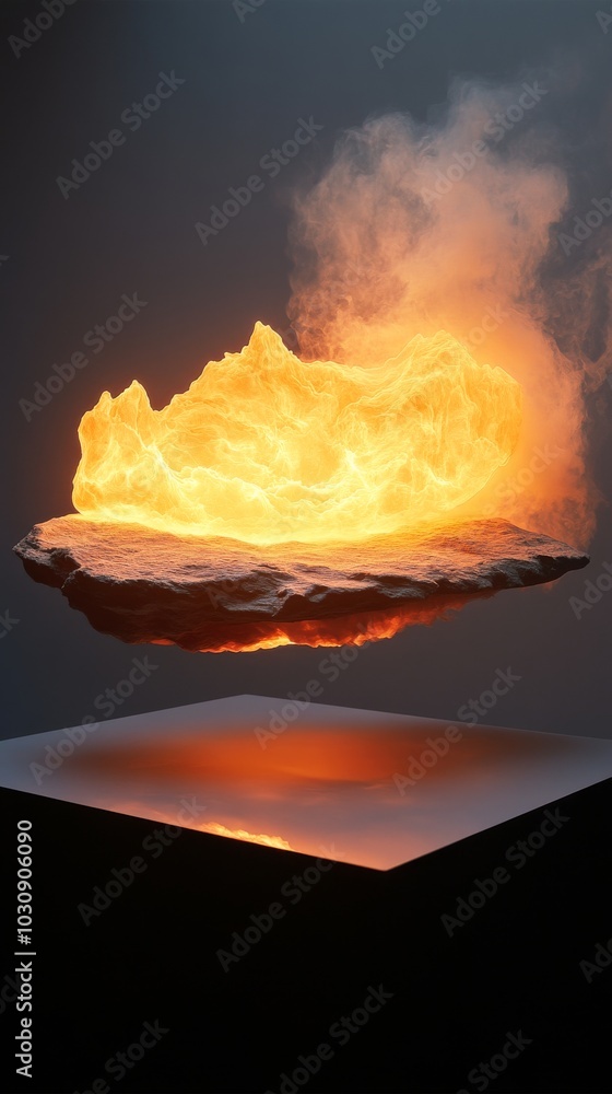 Poster abstract 3d render of a burning rock floating over a reflective surface with a dark background and o