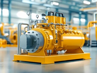 A vibrant industrial machine in yellow, showcasing advanced engineering and design within a factory setting.
