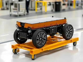 A modern vehicle chassis on a yellow platform in an industrial setting, showcasing advanced design and technology.
