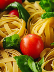 Delicious Fettuccine Pasta with Fresh Tomato Pomodoro Sauce and Parmesan Garnished with Basil