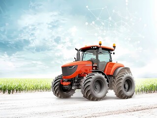 Obraz premium A bright orange tractor navigating through a field, showcasing modern agricultural machinery against a clear, blue sky.