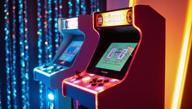 A neon-lit retro arcade game machine stands against a glittering background
