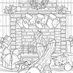 Feet near the Christmas fireplace.Coloring book antistress for children and adults. 