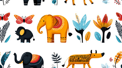 Colorful and playful illustration featuring various animals like elephants and dog, surrounded by vibrant plants and butterflies, creating lively and cheerful atmosphere
