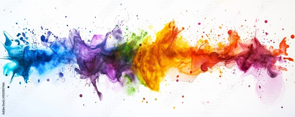 Poster abstract watercolor paint is splashing in different colors on a white background, creating a vibrant