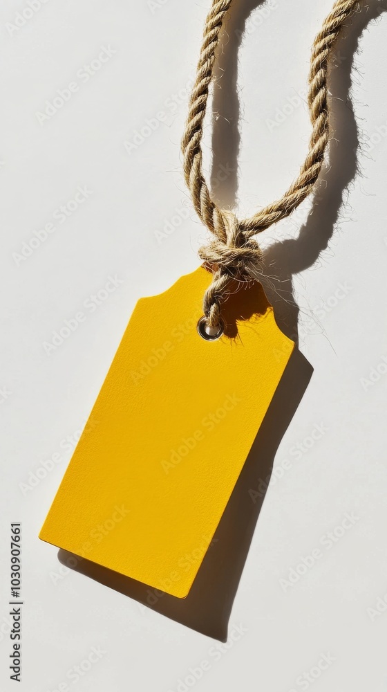 Poster bright yellow tag hangs from knotted string on white backdrop, offering space for customization. ide