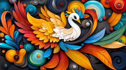 Naklejka premium vibrant and colorful abstract design featuring stylized bird surrounded by swirling leaves and circular patterns. artwork showcases blend of warm and cool colors, creating lively and dynamic