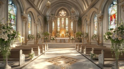 Beautiful Chapel Interior with Stained Glass and Elegant Wedding Decorations