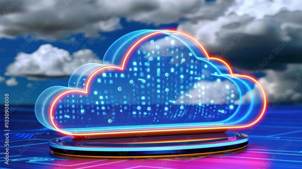 Poster a luminous cloud shape with glowing edges and a digital pattern against a blurred background.