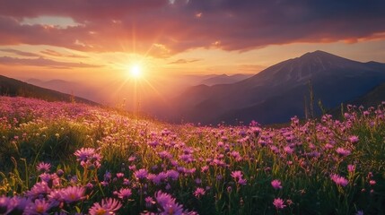 The sun sets behind the mountain 
