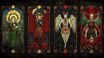 Obraz premium DualNatured Playing Cards Angelic and Demonic Powers Stained Glass Style