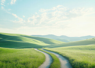 Obraz premium Peaceful path through verdant rolling hills under a clear sky