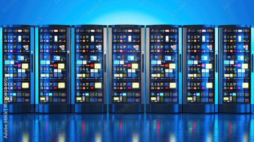 Poster a row of server racks with glowing lights and digital displays