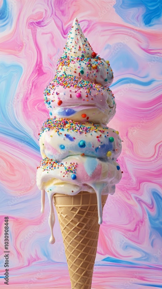 Poster towering ice cream cone with rainbow sprinkles is melting against a vibrant, psychedelic backdrop. t