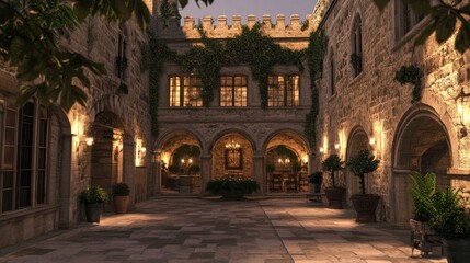HDR Image of Castle Wedding Venue with Stone Grays and Warm Lights