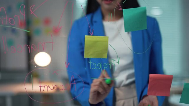 Businesswoman writing and arranging sticky notes on a transparent board, outlining strategic goals and project flow in a modern office setting