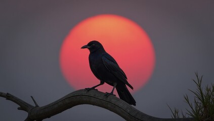 Fototapeta premium Black bird sitting on a tree branch before a giant red sun