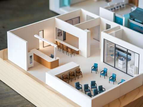 Modelo de dise&ntilde;o moderno a escala en miniatura del interior de la recepci&oacute;n de un hospital
