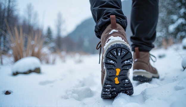Outdoor adventurer walking on snowy trail with sturdy footwear