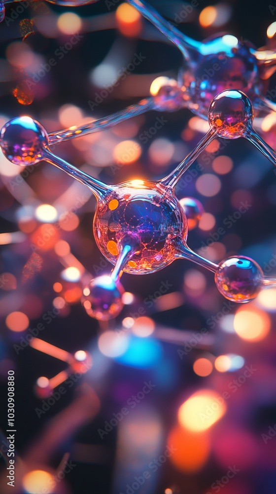 Poster abstract background showing a complex molecular structure connecting with light trails, creating a s