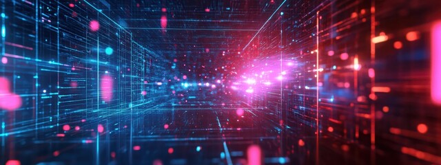 Obraz premium A sleek 3D abstract techno illustration with a mystical database, glowing neon light, and dynamic geometrical elements in a futuristic style.