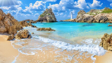 A Lighthouse Standing Tall on a Rocky Outcropping with Clear Blue Waters