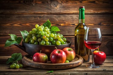 Still Life with Apples, Grapes, and Wine on Wooden Table - Oil Painting Art