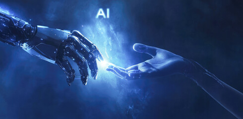 Futuristic ai and human connection: robotic hand reaching towards human touch