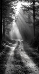 Obraz premium Road in the Forest with Sunlight Rays Through Tall Trees Creating an Ethereal, Tranquil Scene