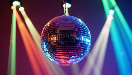 Obraz premium A dancing disco ball illuminates an abstract-colored backdrop in a vibrant nightclub setting