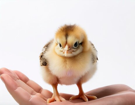 Retrato de un adorable pollito de gallina recien nacido sobre la palma de la mano aislado en fondo blanco
