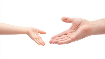 A child's hand reaching for an adult's hand against a white background
