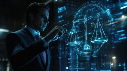 Businessman touching futuristic scales of justice in cybersecurity concept