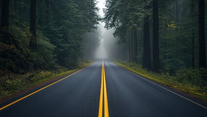 Fototapeta premium Straight Forest Road with Yellow Lines and a Foggy Atmosphere in High-Quality Photography